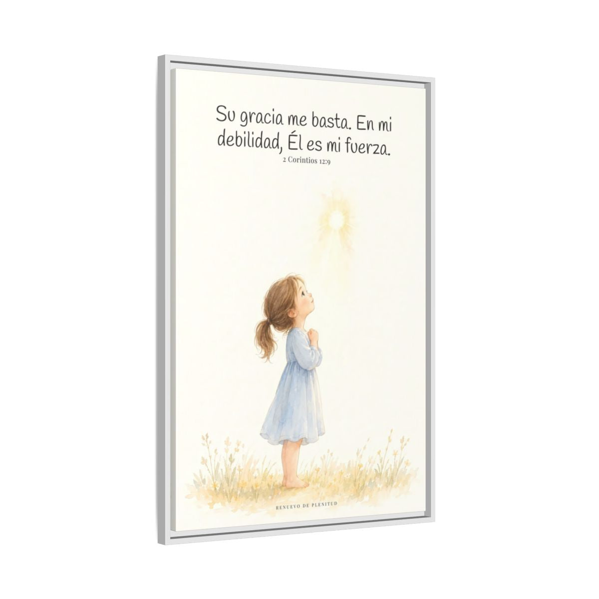 Su gracia me basta — Lienzo Cristiano Enmarcado | 2 Corintios 12:9 — 24×36 pulgadas, marco blanco, vista lateral del marco flotante