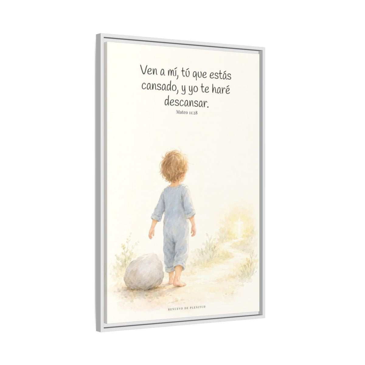 Ven a mí y yo te haré descansar — Lienzo Cristiano Enmarcado | Mateo 11:28 — 24×36 pulgadas, marco blanco, vista lateral del marco flotante