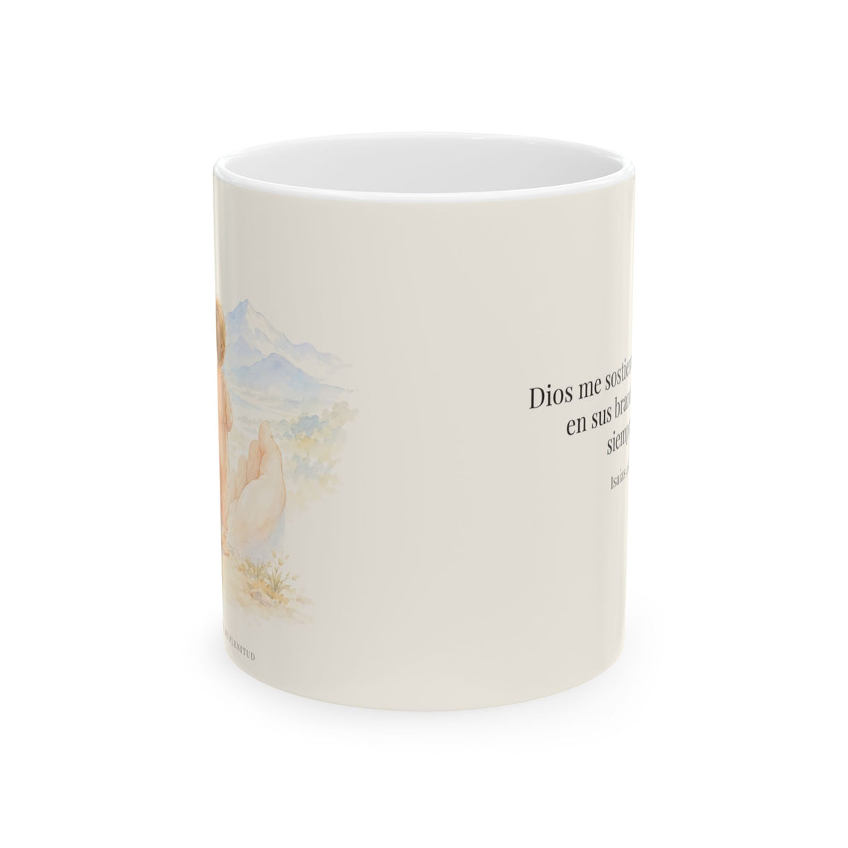 Dios me sostiene y me lleva en sus brazos | Taza cristiana en dos tamaños | Isaías 46:4