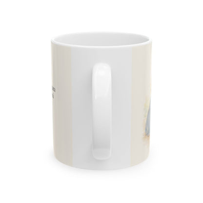 Cristo vive para siempre y nunca más muere | Taza de fe para cada mañana | Romanos 6:9 — 11 oz · Vista posterior