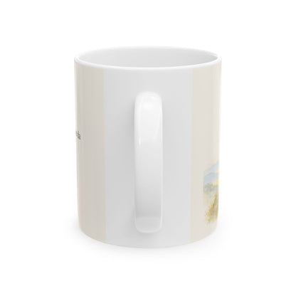 Gracias a Dios, que nos da la victoria | Taza devocional de fe | 1 Corintios 15:57 — 11 oz · Vista posterior
