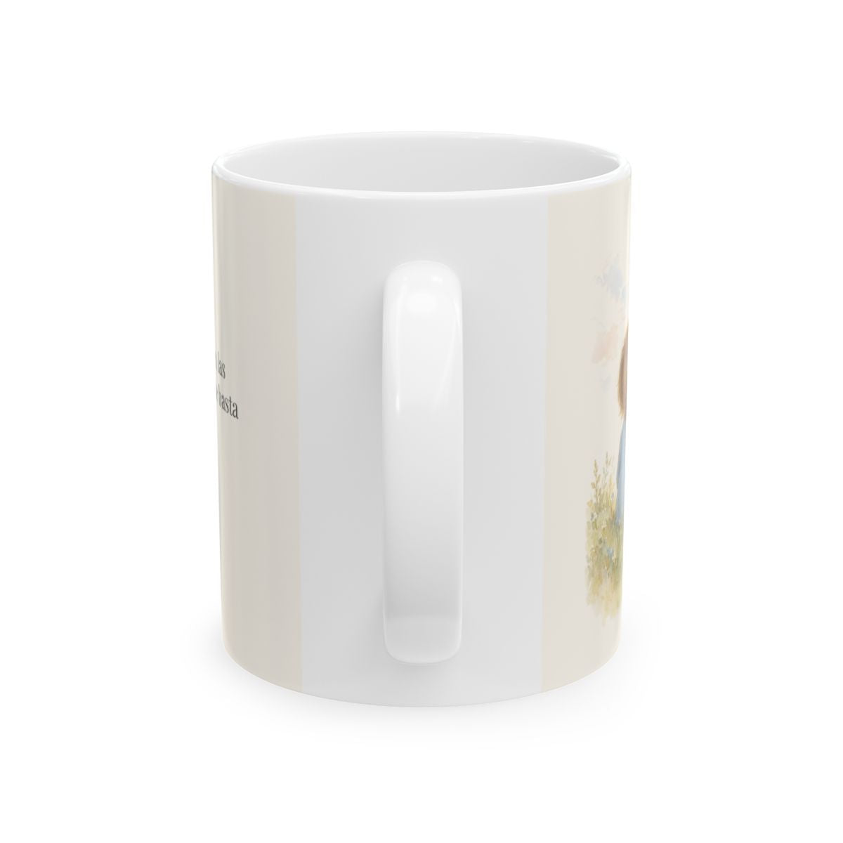 El mañana ya está en las manos de Dios | Taza de fe para cada mañana | Mateo 6:34 — 11 oz · Vista posterior