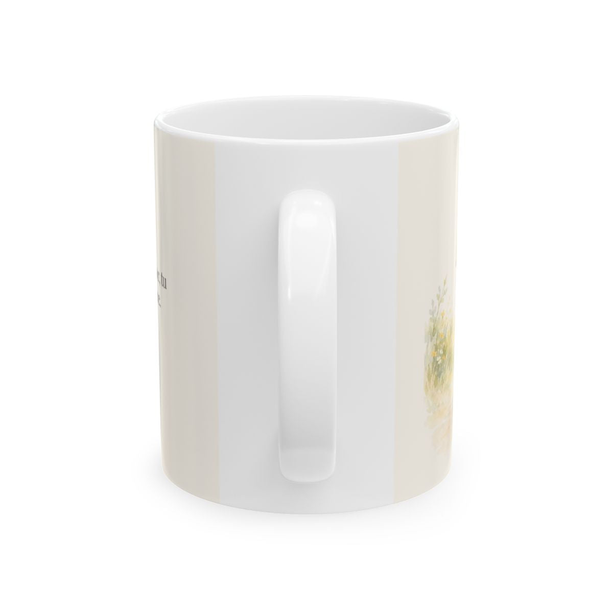 Jehová fortalece tu corazón | Taza bíblica para café | Salmo 27:14 — 11 oz · Vista posterior
