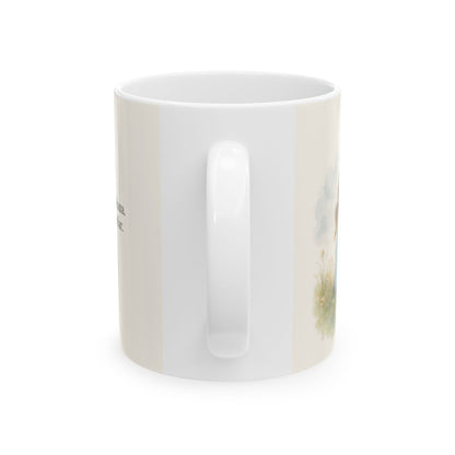 No os afanéis por el día de mañana | Taza con arte cristiano | Mateo 6:34 — 11 oz · Vista posterior