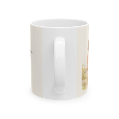 El Señor no tiene miedo de lo que viene | Taza cristiana para regalar | Deuteronomio 31:8 — 11 oz · Vista posterior