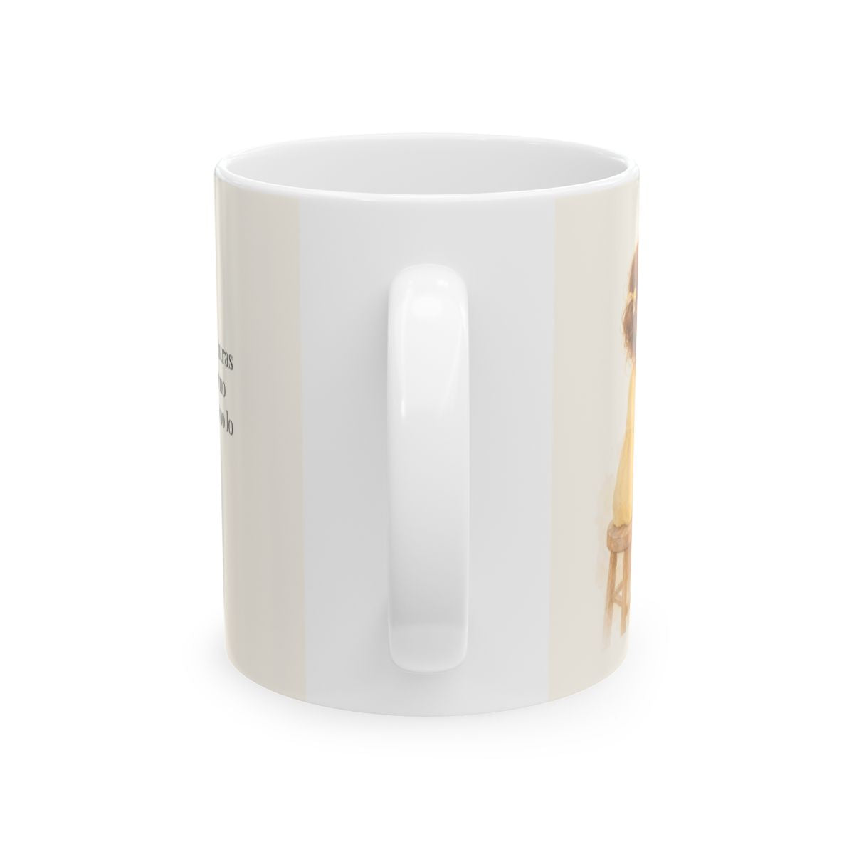 Dios obra por mí mientras yo espero | Taza cristiana con frase devocional | Juan 5:17 — 11 oz · Vista posterior