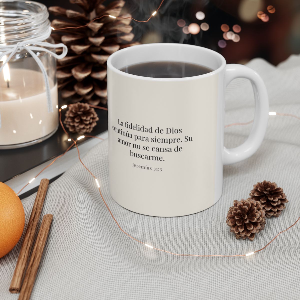 Tu fidelidad continúa para siempre | Taza cristiana con frase devocional | Jeremías 31:3 — 11 oz · Contexto 1