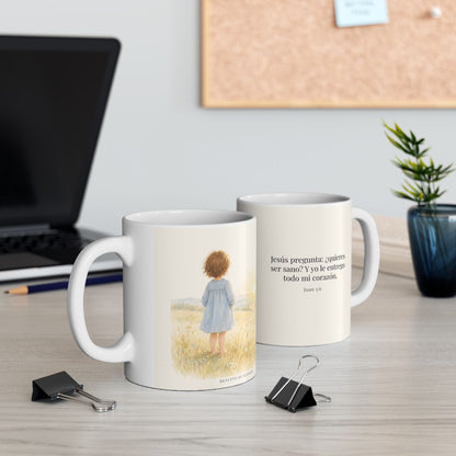 El Señor me pregunta: ¿quieres ser sano? | Taza bíblica de cerámica | Juan 5:6 — 11 oz · Contexto 2