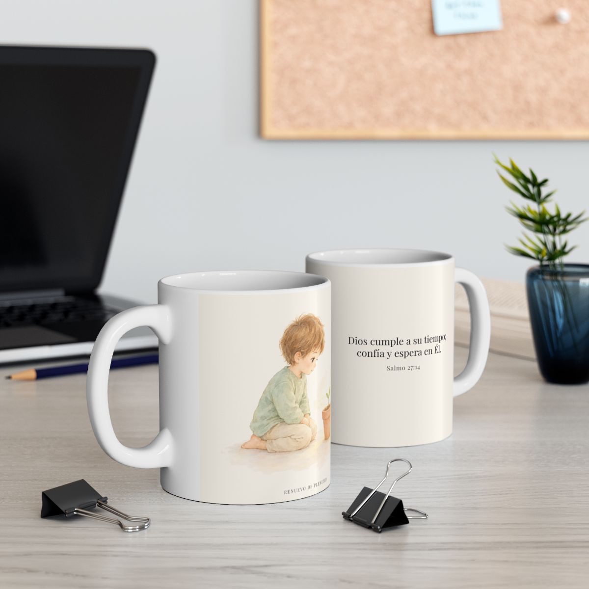 El Señor nunca llega tarde | Taza de inspiración bíblica | Salmo 27:14 — 11 oz · Contexto 2