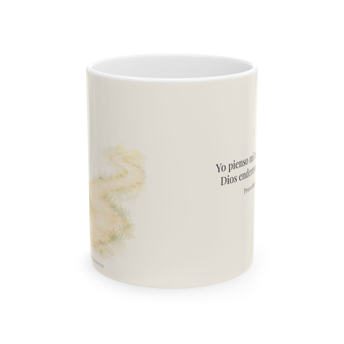 El corazón del hombre piensa, Dios endereza | Taza con arte cristiano | Proverbios 16:9 — 11 oz · Vista frontal