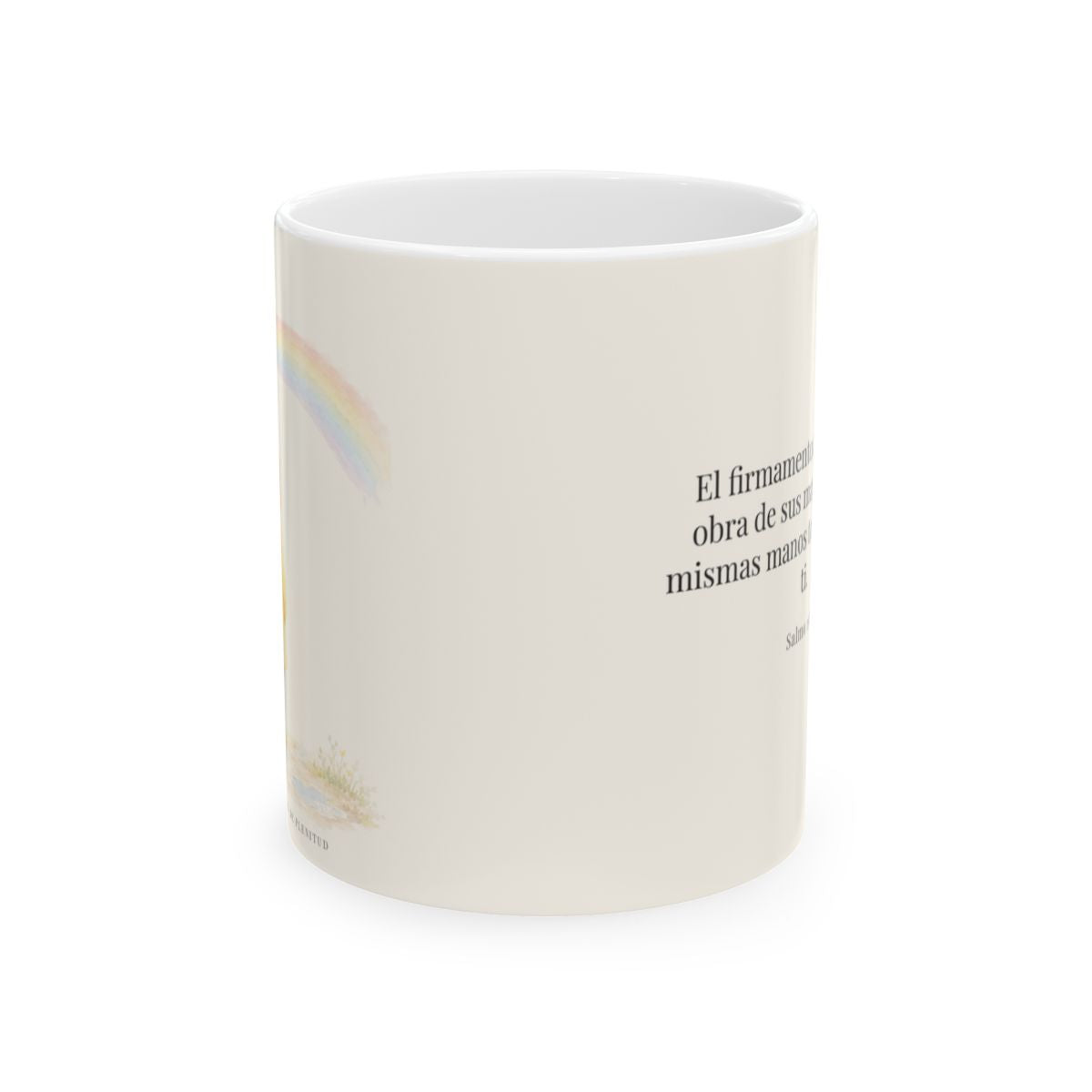 El firmamento anuncia la obra de sus manos | Taza bíblica para café | Salmo 19:1 — 11 oz · Vista frontal