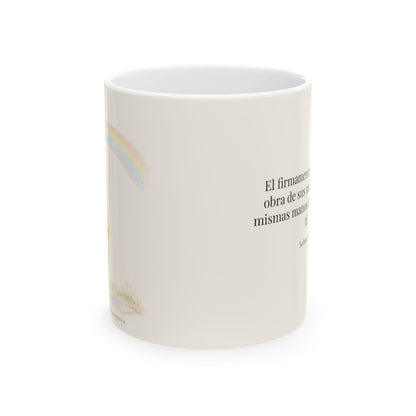 El firmamento anuncia la obra de sus manos | Taza bíblica para café | Salmo 19:1 — 11 oz · Vista frontal
