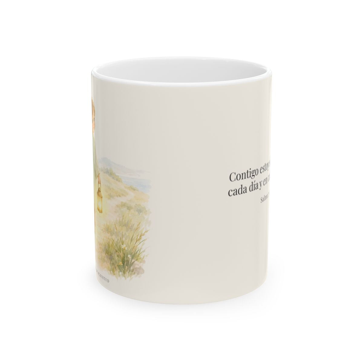 Contigo estoy siempre | Taza de inspiración bíblica | Salmo 73:23 — 11 oz · Vista frontal