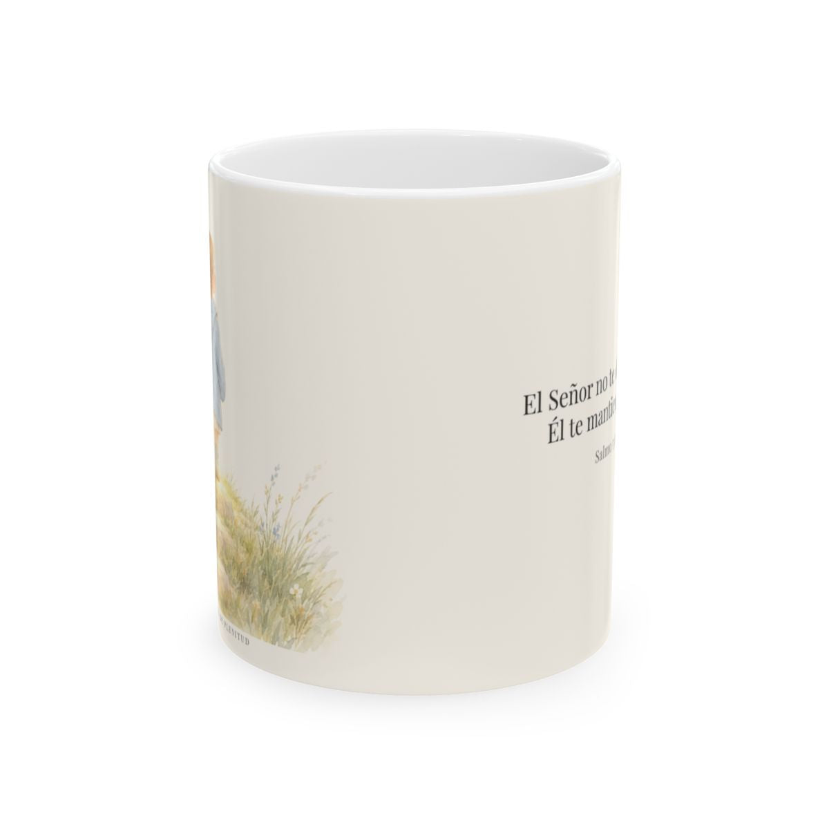 El Señor no te dejará caer | Taza devocional de fe | Salmo 55:22 — 11 oz · Vista frontal