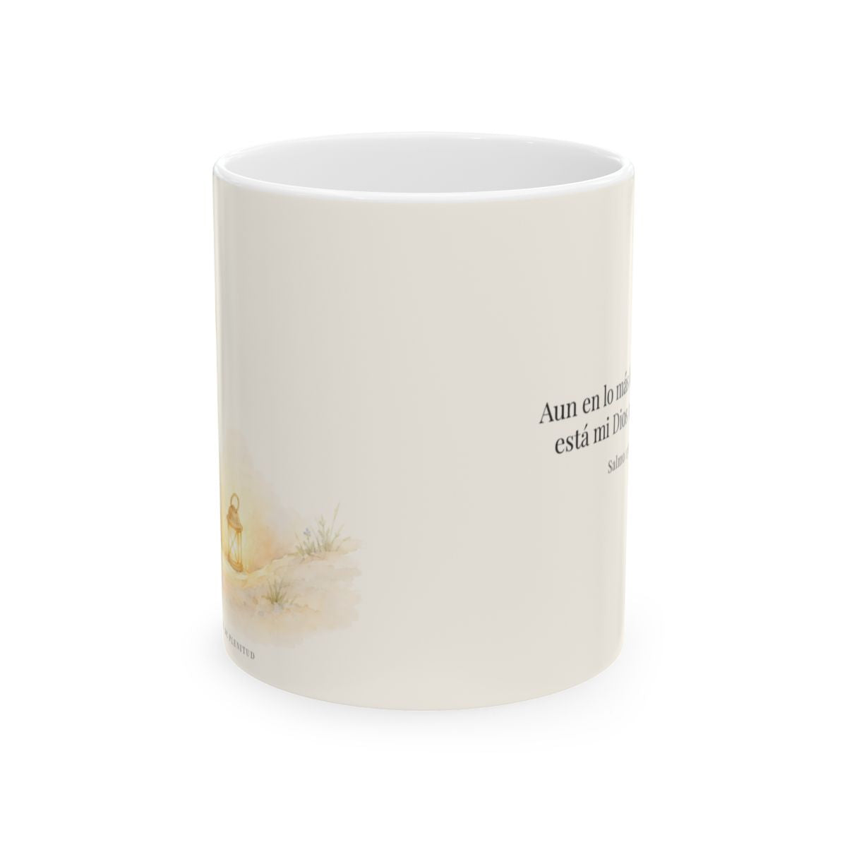Aun en lo más hondo, allí está Dios | Taza cristiana con frase devocional | Salmo 139:8 — 11 oz · Vista frontal