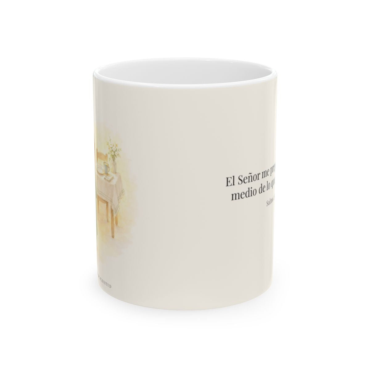 En mesa servida delante de mis angustias | Taza cristiana en dos tamaños | Salmo 23:5 — 11 oz · Vista frontal