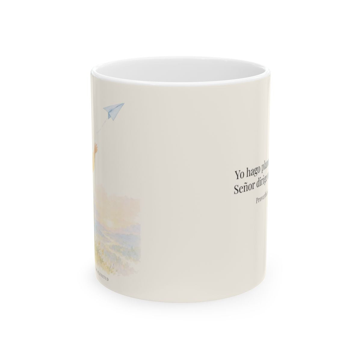 Jehová dirige mis pasos | Taza cristiana con frase devocional | Proverbios 16:9 — 11 oz · Vista frontal