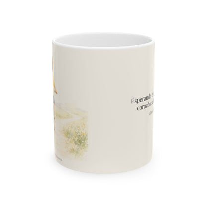 Jehová fortalece tu corazón | Taza bíblica para café | Salmo 27:14 — 11 oz · Vista frontal