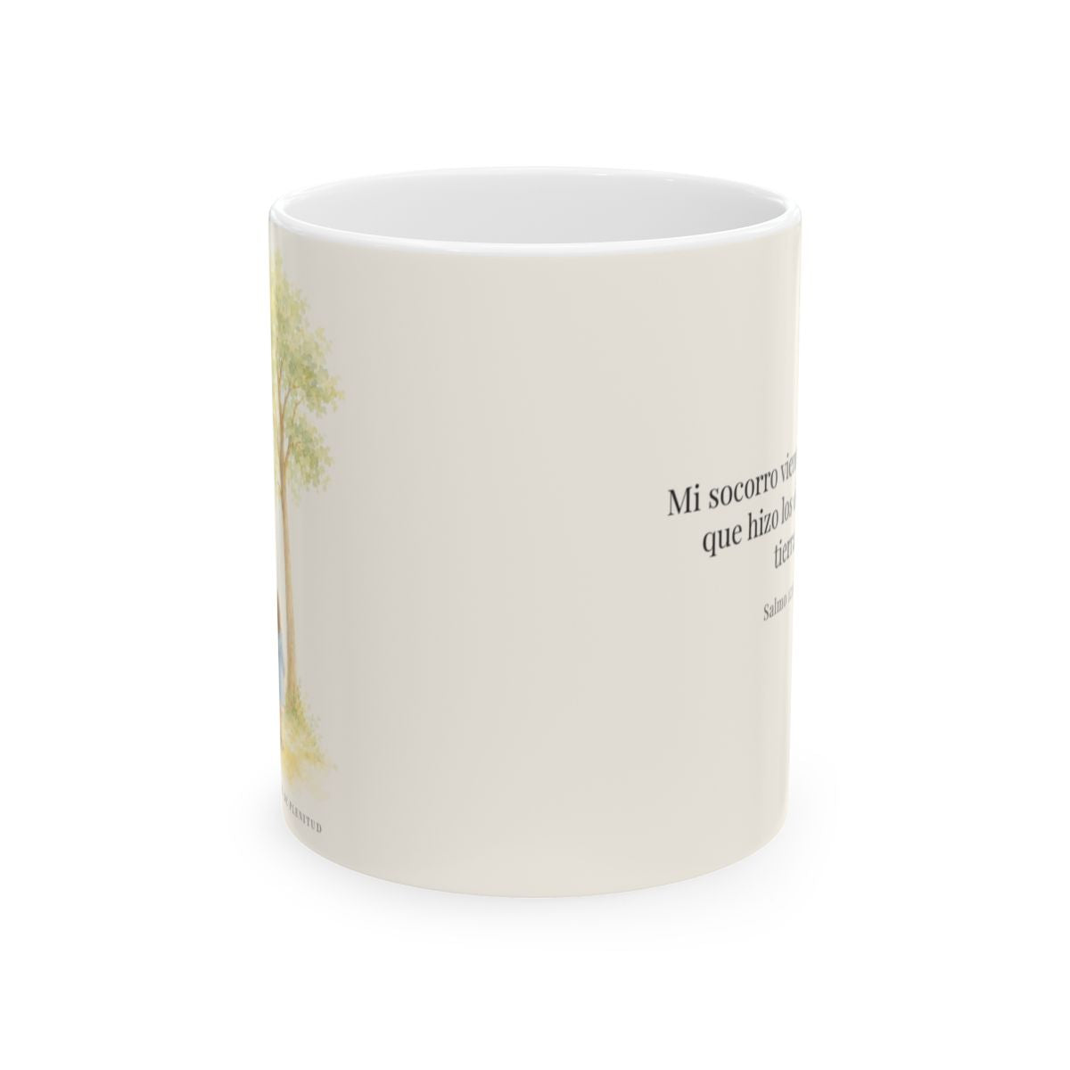Mi socorro viene de Jehová | Taza con arte cristiano | Salmo 121:1-2 — 11 oz · Vista frontal