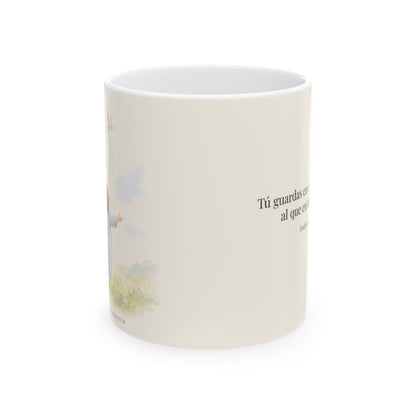 Tú guardas en paz al que confía en ti | Taza devocional ilustrada | Isaías 26:3 — 11 oz · Vista frontal