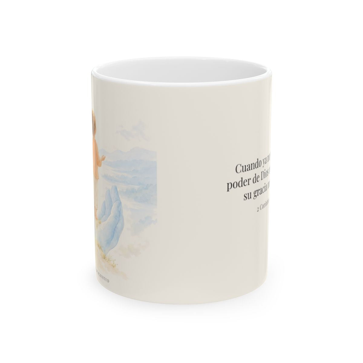 El poder de Dios se perfecciona en mi debilidad | Taza bíblica de cerámica | 2 Corintios 12:9 — 11 oz · Vista frontal