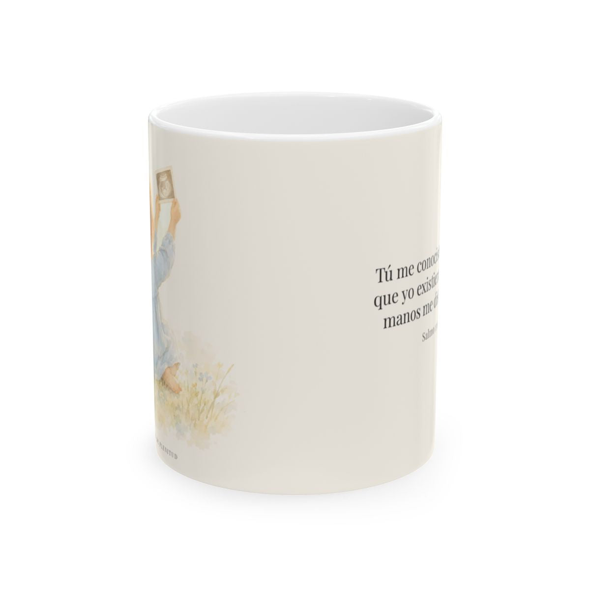 Tú me conoces, oh Dios, y me diste forma | Taza cristiana en dos tamaños | Salmo 139:14 — 11 oz · Vista frontal