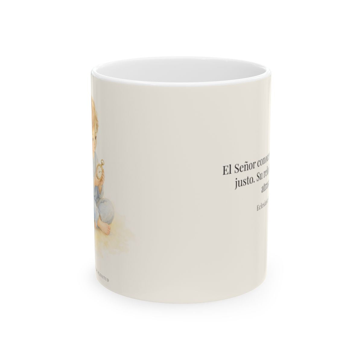 El Señor conoce el momento justo | Taza de fe para cada mañana | Eclesiastés 3:11 — 11 oz · Vista frontal