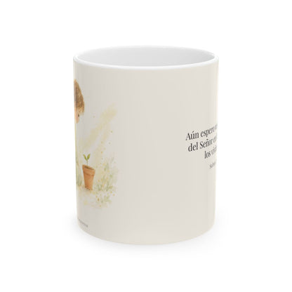 El Señor es bueno y yo veré su bondad | Taza bíblica de cerámica | Salmo 27:13 — 11 oz · Vista frontal