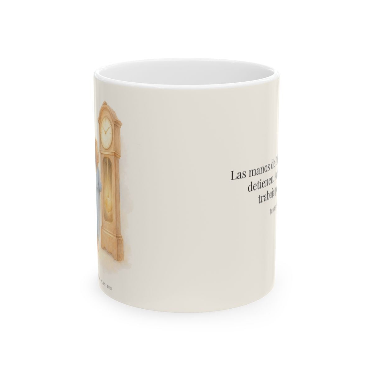 Las manos de Dios no se detienen por mí | Taza de fe para cada mañana | Juan 5:17 — 11 oz · Vista frontal