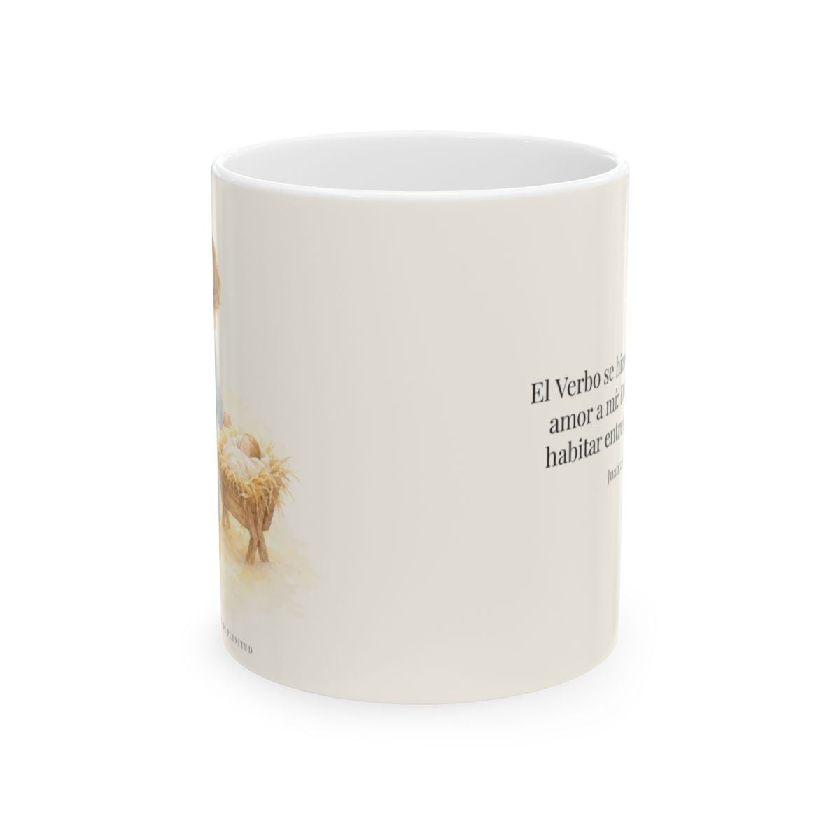 El Verbo se hizo carne por amor a mí | Taza cristiana en dos tamaños | Juan 1:14 — 11 oz · Vista frontal