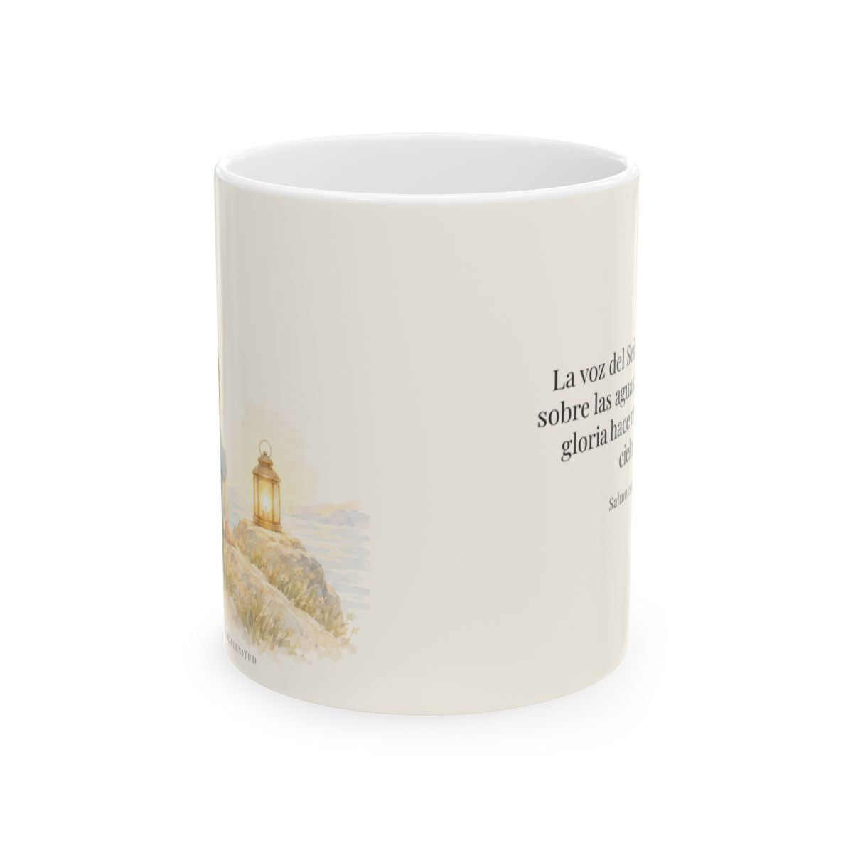 La voz de Jehová truena sobre las aguas | Taza cristiana para regalar | Salmo 29:3-4 — 11 oz · Vista frontal