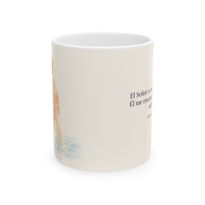 El Señor es mi libertador | Taza bíblica para café | Salmo 18:2 — 11 oz · Vista frontal
