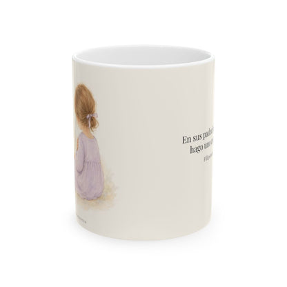 Participar de sus padecimientos me acerca a Él | Taza devocional ilustrada | Filipenses 3:10 — 11 oz · Vista frontal