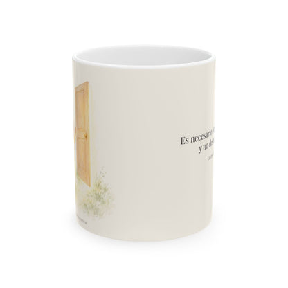 Es necesario orar siempre, y no desmayar | Taza devocional ilustrada | Lucas 18:1 — 11 oz · Vista frontal