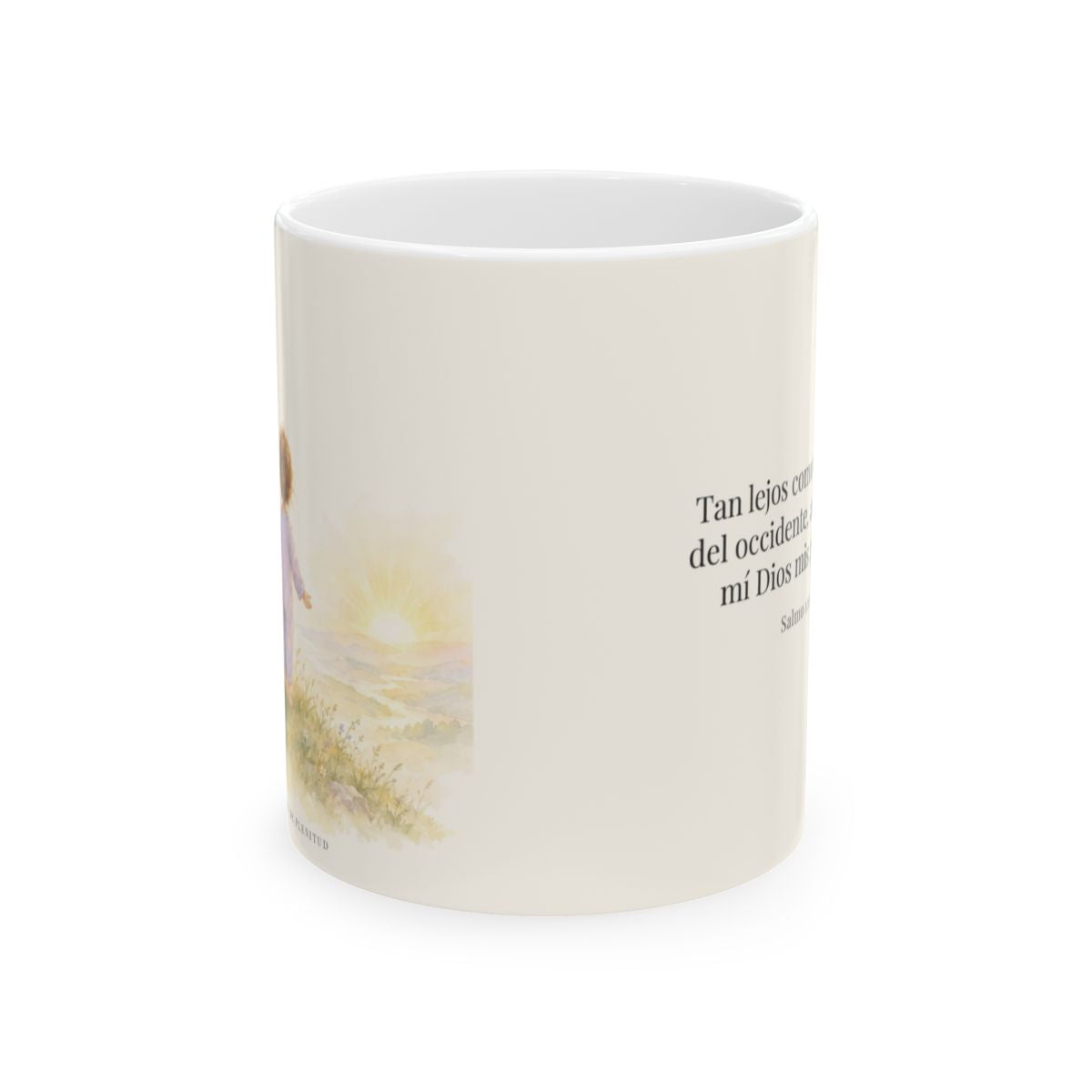 Cuan lejos está el oriente del occidente | Taza devocional ilustrada | Salmo 103:12 — 11 oz · Vista frontal