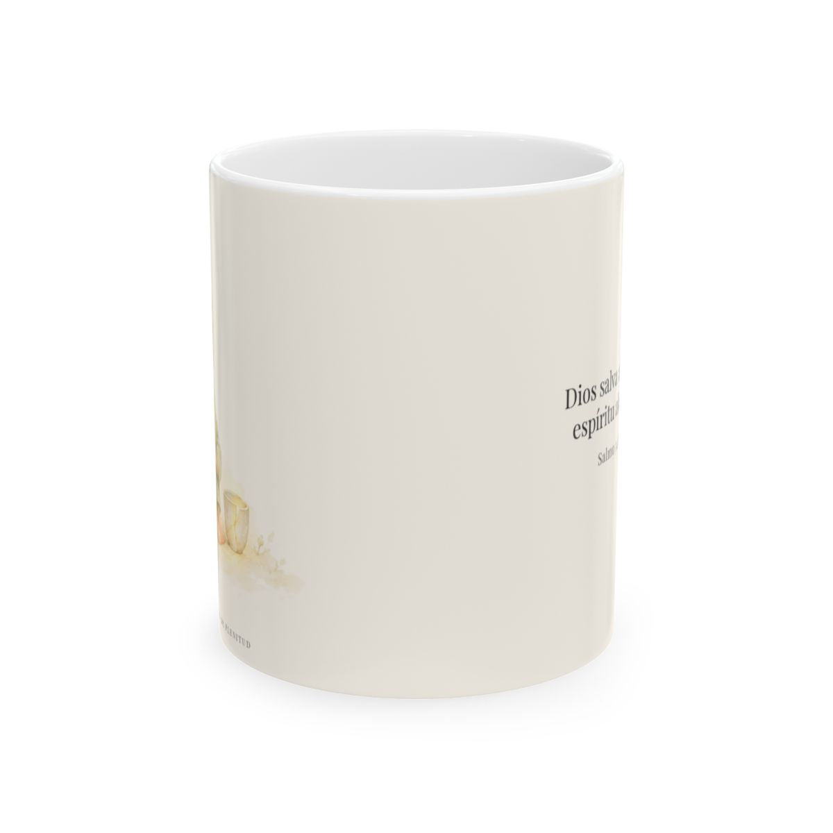 Dios salva al espíritu abatido | Taza bíblica para café | Salmo 34:18 — 11 oz · Vista frontal