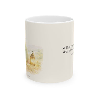 Dios es el sostén de mi vida | Taza de fe para cada mañana | Salmo 42:5 — 11 oz · Vista frontal