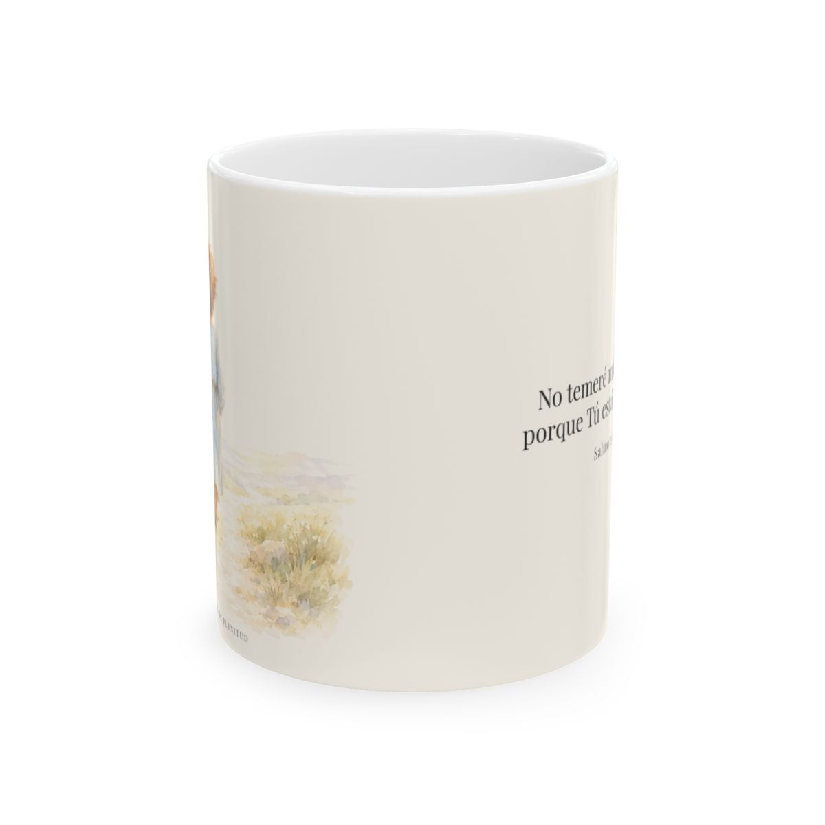 Aunque ande en valle de sombra, Tú estás conmigo | Taza cristiana en dos tamaños | Salmo 23:4 — 11 oz · Vista frontal