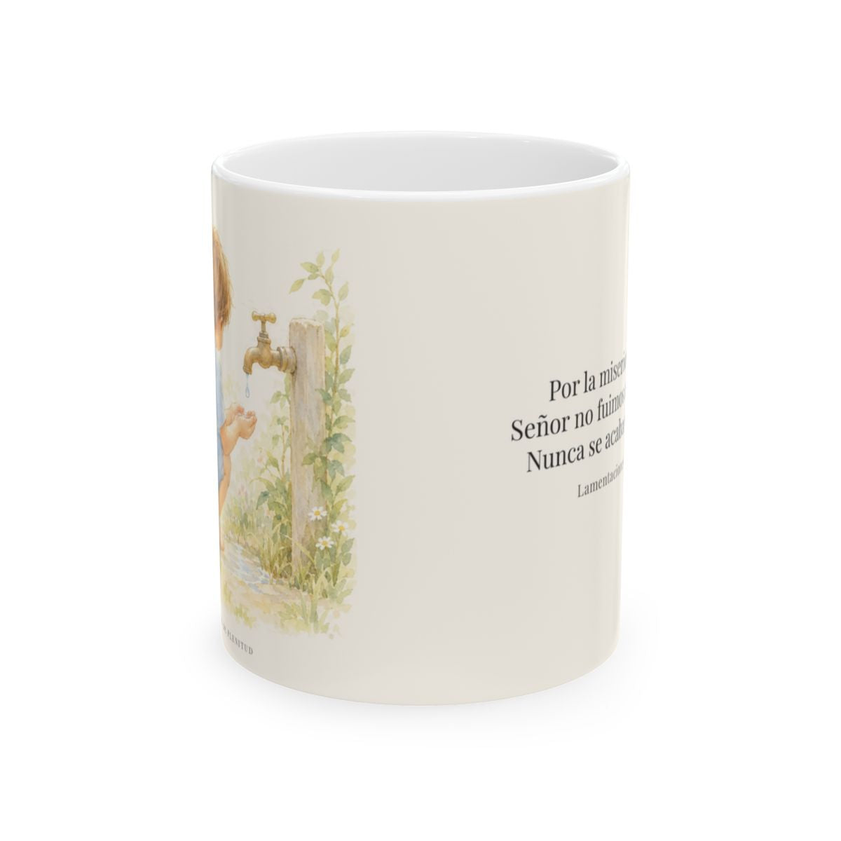 Nunca se acaba la misericordia de Dios | Taza devocional ilustrada | Lamentaciones 3:22-23 — 11 oz · Vista frontal