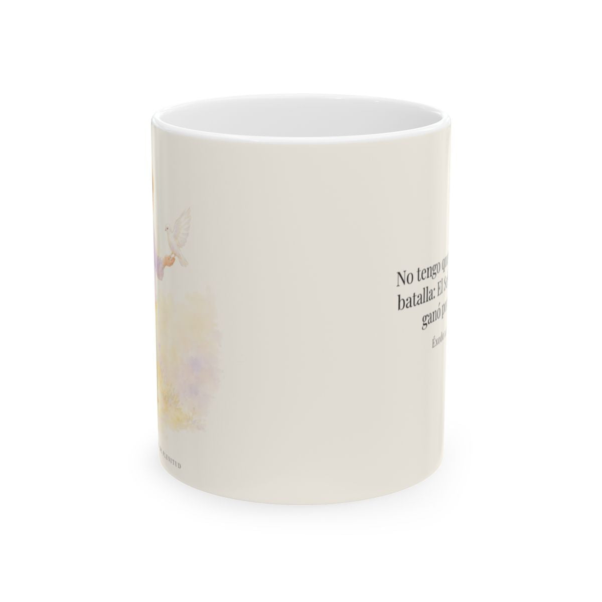 Jehová me da la victoria sin que yo luche | Taza cristiana para regalar | Éxodo 14:14 — 11 oz · Vista frontal
