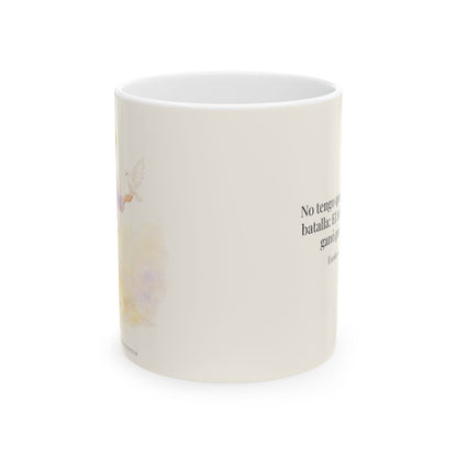 Jehová me da la victoria sin que yo luche | Taza cristiana para regalar | Éxodo 14:14 — 11 oz · Vista frontal