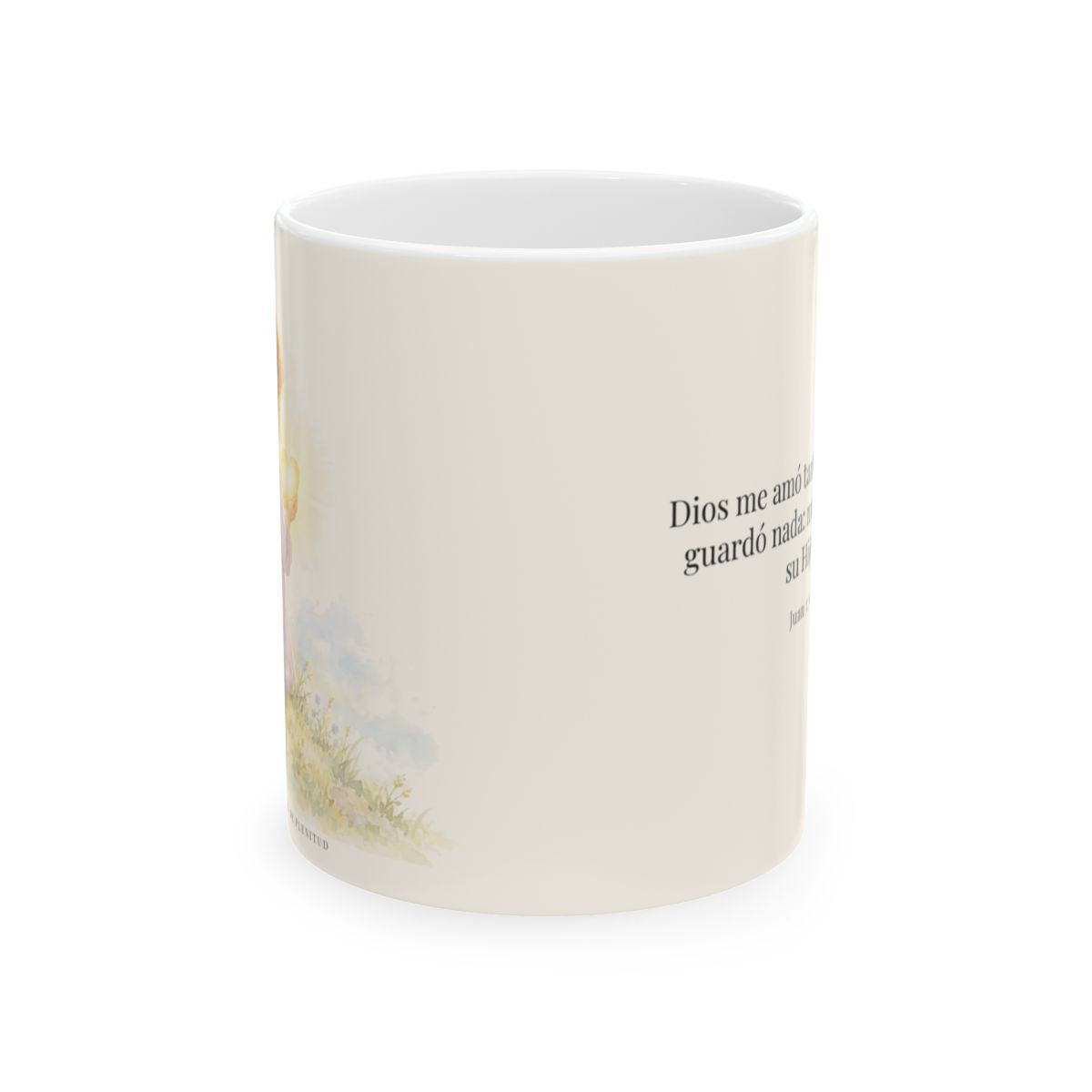 Dios amó tanto al mundo que entregó a su Hijo | Taza cristiana en dos tamaños | Juan 3:16 — 11 oz · Vista frontal