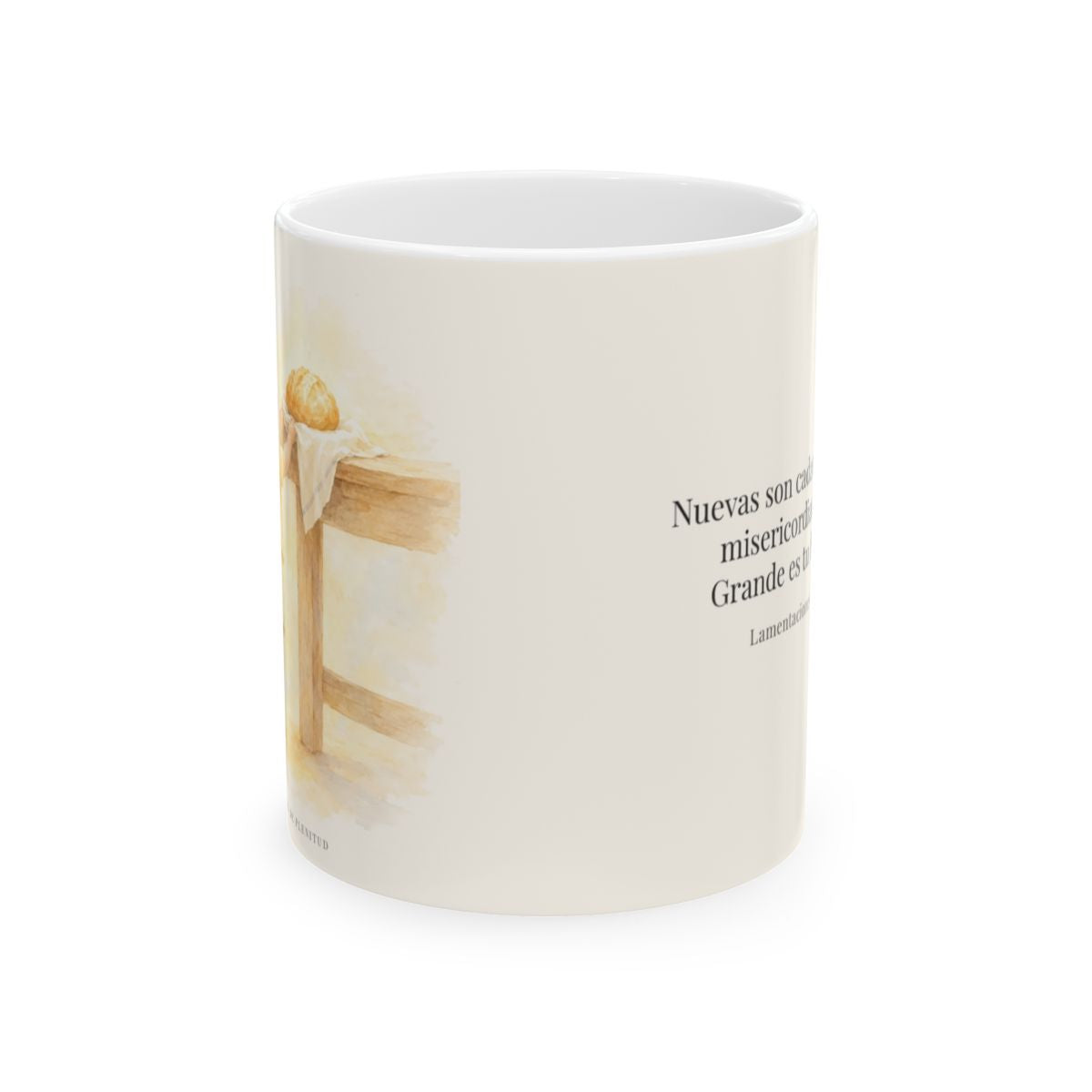 Nuevas son cada mañana tus misericordias | Taza bíblica de cerámica | Lamentaciones 3:22-23 — 11 oz · Vista frontal