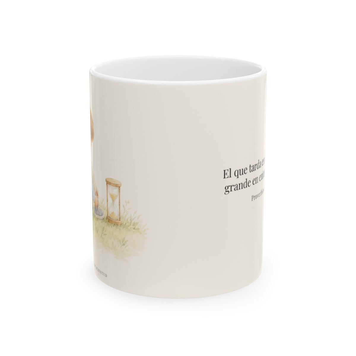 El que es lento para la ira es grande en entendimiento | Taza cristiana en dos tamaños | Proverbios 14:29 — 11 oz · Vista frontal
