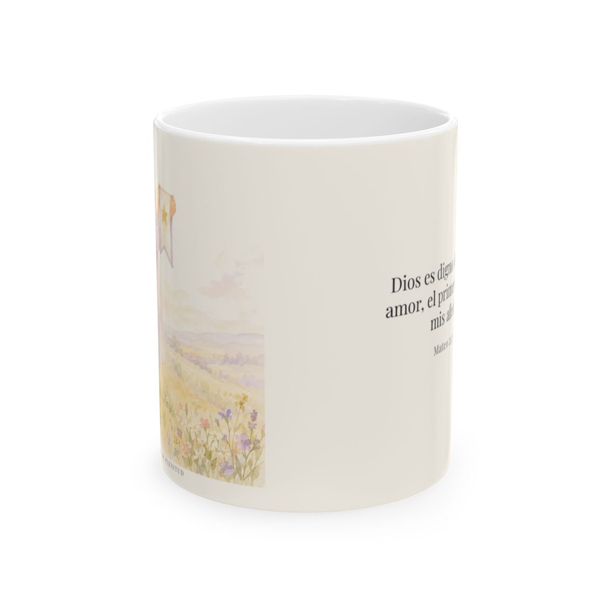 Dios es digno de todo mi amor | Taza cristiana con frase devocional | Mateo 22:37-38 — 11 oz · Vista frontal