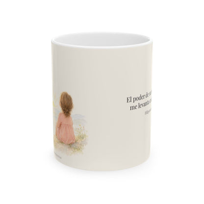 El poder de su resurrección me levanta | Taza de fe para cada mañana | Filipenses 3:10 — 11 oz · Vista frontal