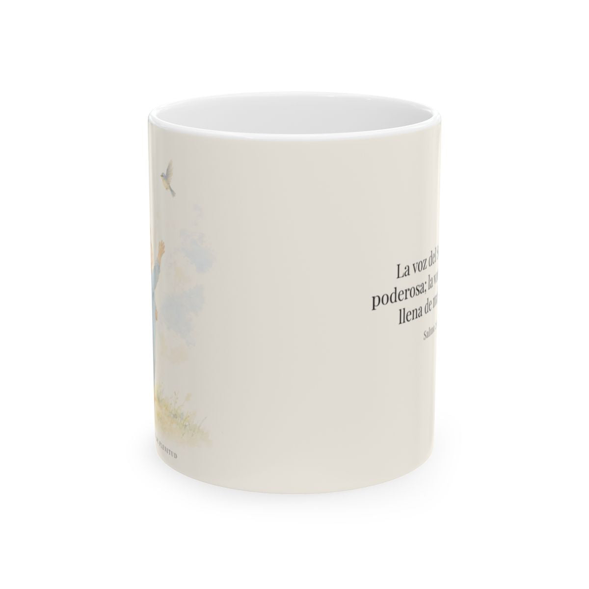 La voz de Jehová es poderosa y llena de majestad | Taza cristiana con frase devocional | Salmo 29:4 — 11 oz · Vista frontal