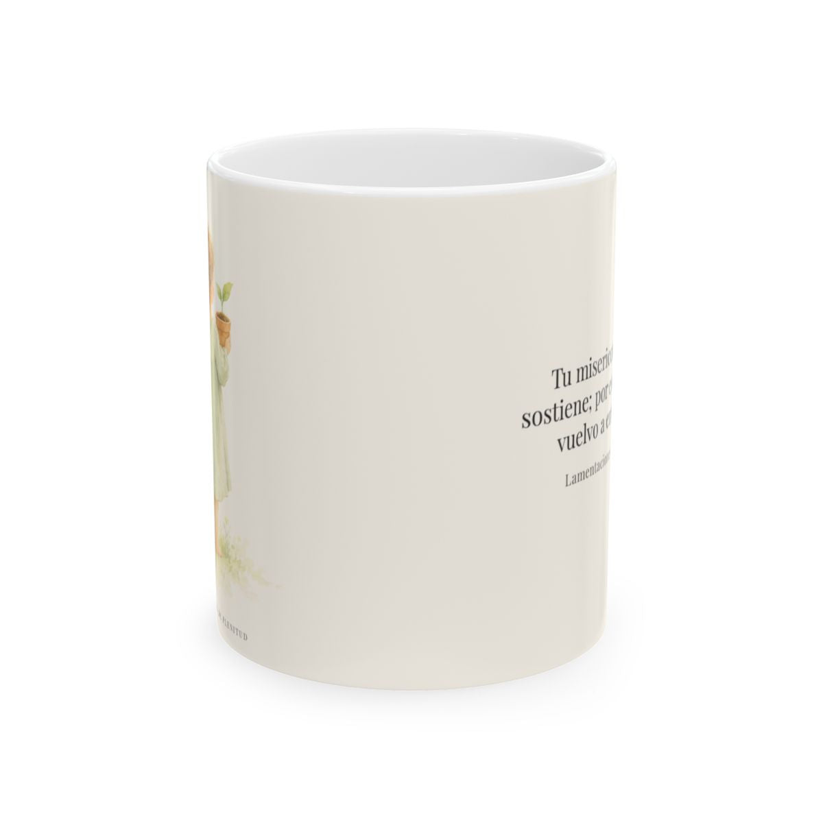 Por la misericordia de Jehová no fuimos consumidos | Taza cristiana con frase devocional | Lamentaciones 3:22-23 — 11 oz · Vista frontal
