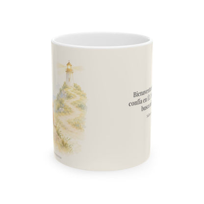 Bienaventurado el que confía en Él | Taza de fe para cada mañana | Salmo 34:8 — 11 oz · Vista frontal