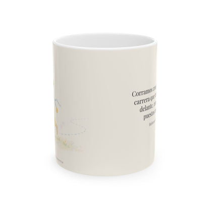 Corramos con paciencia la carrera | Taza bíblica para café | Hebreos 12:1-2 — 11 oz · Vista frontal